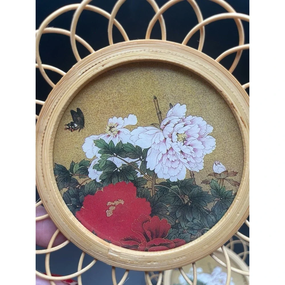 Vintage 80s Wicker Wooden Coasters With Floral And Butterfly Pattern Set Of Four